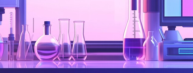 Poster - A colorful laboratory scene featuring various glassware filled with liquids.