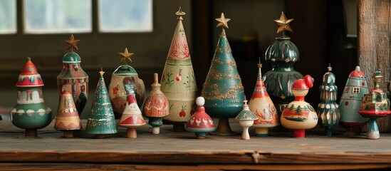 Poster - Vintage Christmas tree ornaments in varied designs and colors displayed on a wooden surface creating a nostalgic holiday atmosphere