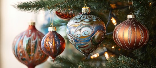 Poster - Colorful handcrafted ornaments hanging on a beautifully decorated Christmas tree reflecting festive holiday spirit and tradition.