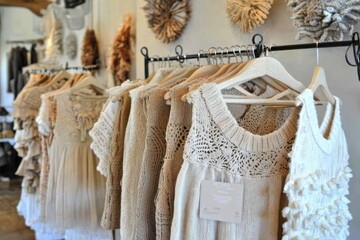 Poster - A display of handmade clothing in neutral tones, showcasing intricate knit designs.
