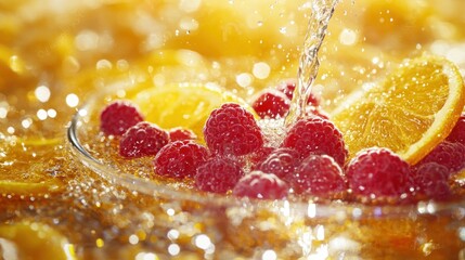 Poster - Refreshing drink with raspberries and lemon slices, sparkling with bubbles.