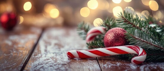 Poster - Festive red and white candy canes nestled among holiday decorations creating a cozy Christmas ambiance on a rustic wooden surface