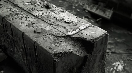 Aufkleber - Textured stone surface with debris highlighting industrial decay and weathering in a black and white composition showcasing intricate details.