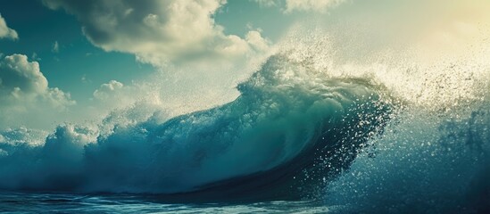 Poster - Dynamic ocean waves crashing under a dramatic sky at sunset showcasing the beauty and power of nature