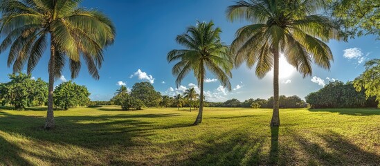 Wall Mural - coconut trees casting shadows in a vast serene field under a bright blue sky with fluffy clouds and 