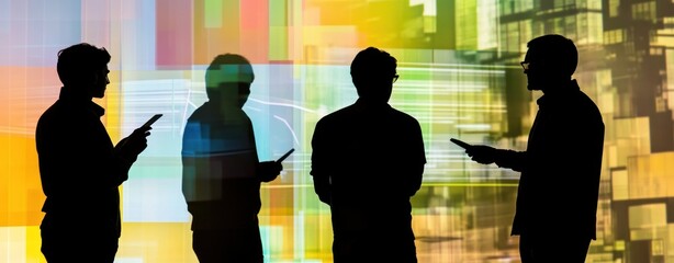 Poster - Silhouettes of people using smartphones against a colorful abstract background.