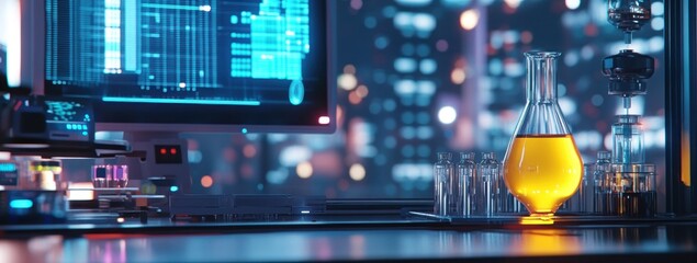 Aufkleber - A laboratory scene featuring a glowing flask and computer, suggesting scientific research.