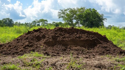 Poster - Dirt mound in landscape under blue sky with clouds surrounded by green grass and trees in the background showcasing natural terrain.