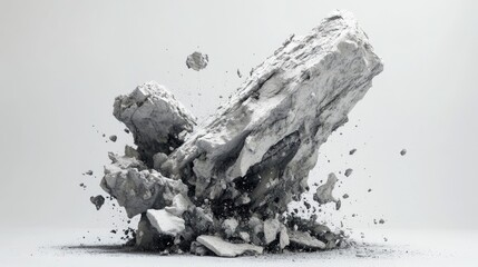 Poster - Eroding rock formation creating a dynamic explosion of dust and debris in a minimalist studio setting