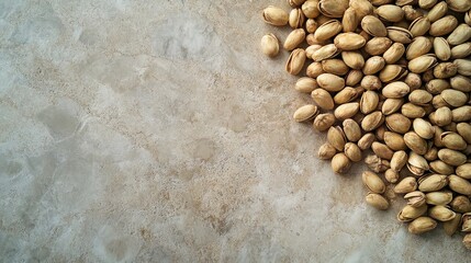 Aufkleber - Pistachios scattered on marble surface showcasing organic raw nuts from natural agriculture and hand labor in a rustic presentation