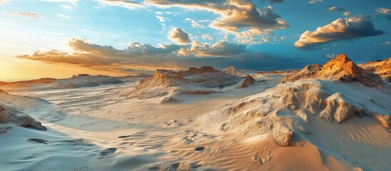 Aufkleber - Vast desert landscape under a dramatic sky showcasing golden sands and rugged rock formations during sunset.