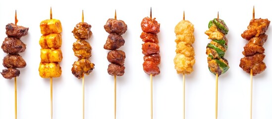 Poster - Variety of flavorful satay skewers featuring different meats and vegetables perfect for culinary presentations and food advertisements