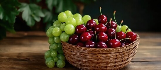 Aufkleber - Fresh vibrant cherries and green grapes elegantly displayed in a woven basket on a rustic wooden table highlighting natural elements