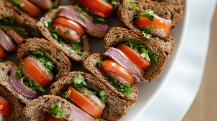 Poster - Assorted whole wheat sandwiches filled with tomatoes, herring, and fresh herbs on a white plate served for a delightful appetizer.