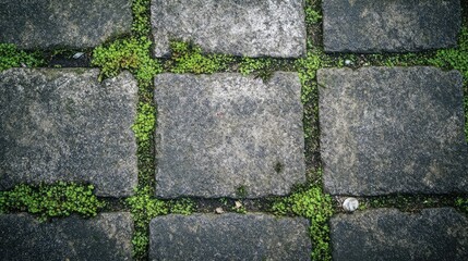 Poster - Textured cobblestone surface with overgrown moss detailing in an outdoor setting suitable for backgrounds or design projects.