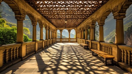 Aufkleber - A serene architectural space with intricate shadows and natural surroundings.