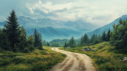 Aufkleber - Serene dirt road winding through lush mountains under a cloudy sky showcasing beautiful natural scenery and tranquility in nature.