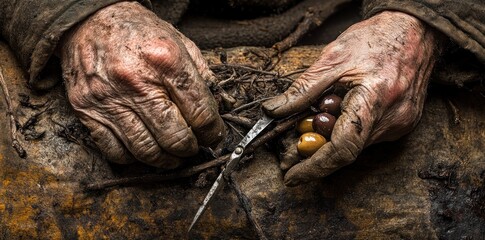 Aufkleber - A close-up of weathered hands crafting or manipulating small objects in a rustic setting.
