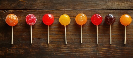 Poster - Colorful lollipops arranged on a rustic wooden table viewed from above showcasing vibrant candy delights in a creative composition
