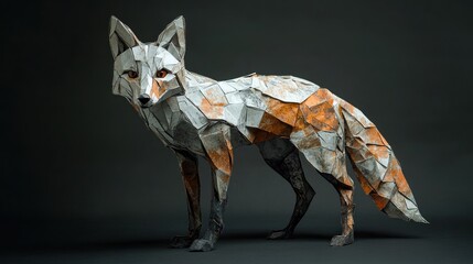 Poster - A stylized origami fox sculpture with geometric shapes and a mix of colors.