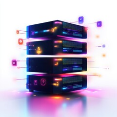 Fototapete - Futuristic Data Center Technology with Vibrant LED Lights and Digital Icons