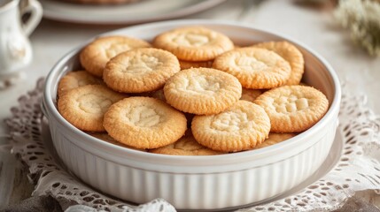 Poster - Freshly Baked Cookies Piled in a Decorative White Dish on a Rustic Table Setting
