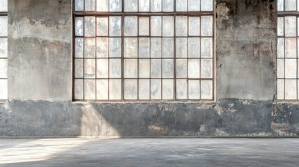 Poster - Abandoned industrial space featuring large old windows and weathered concrete walls creating an atmosphere of decay and nostalgia