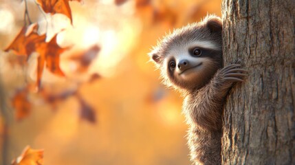 Poster - A cute sloth peeks from behind a tree in a vibrant autumn setting.