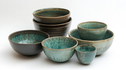 Aufkleber - Ceramic bowls set in various sizes showcasing rustic glazing and unique textures for dining and decorative purposes.