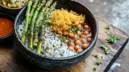 Aufkleber - Delicious bowl of rice with chickpeas asparagus stalks fried cheese and dipping sauce on rustic wooden surface