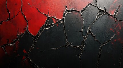 Poster - Cracked red and black wall surface with damaged paint creating a dramatic textured background for artistic or architectural use
