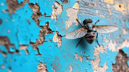Aufkleber - Close up of a fly on an old peeling blue gray wall showcasing texture and vibrant colors in a unique artistic background