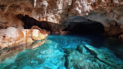 Poster - Crystal clear waters inside a mystical cave with stunning rock formations and vibrant turquoise hues reflecting ambient light.