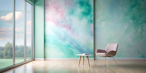 Poster - Serene Room Interior Design with Pastel Watercolor Wall Art and Modern Chair