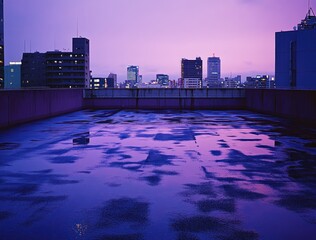 Poster - Urban rooftop view reflecting a vibrant purple sky and city skyline after rain.