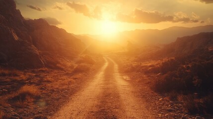 Aufkleber - Sunset Over Dirt Road Stretching Through Canyon Landscape with Majestic Mountains in Background