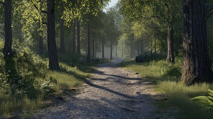 Poster - Serene gravel path through a sunlit forest showcasing lush greenery and gentle shadows for outdoor tranquility and nature exploration.