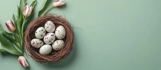 Poster - Decorative Easter eggs in a nest with tulips on a light green background ideal for spring holiday celebrations and seasonal decorations.