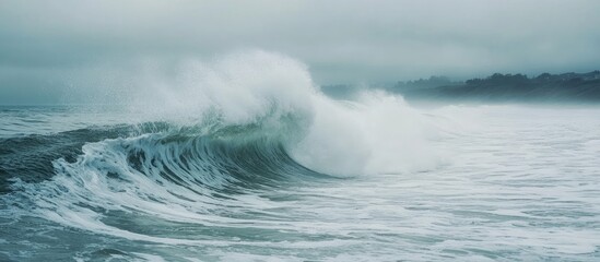 Poster - Powerful crashing waves on a stormy ocean showcasing natural beauty and ocean dynamics against a moody sky.