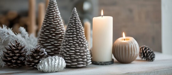 Aufkleber - Stylish winter decor featuring decorative trees and elegant candles ideal for festive ambiance in home interiors