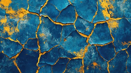 Poster - Cracked blue and yellow paint abstract texture on rustic wooden wall highlighting vintage grunge patterns and weathered surfaces