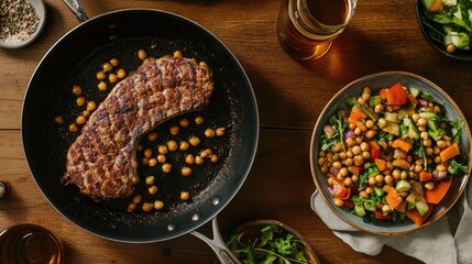 Poster - Frying pan with succulent fried meat and a vibrant chickpea vegetable salad arranged on a rustic wooden table top view.