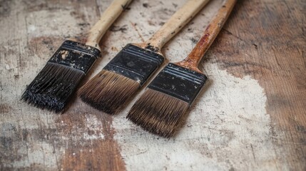 Poster - Used paint brushes with varying bristle conditions on rustic wooden surface showcasing creativity and artistry in DIY projects