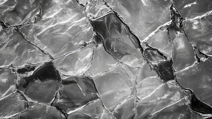Poster - Abstract cracked ice texture showcasing intricate patterns of frozen water in monochrome tones for artistic and design applications.