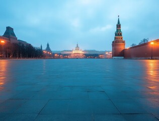 A serene view of a historic square featuring the Kremlin and its iconic towers at dawn.