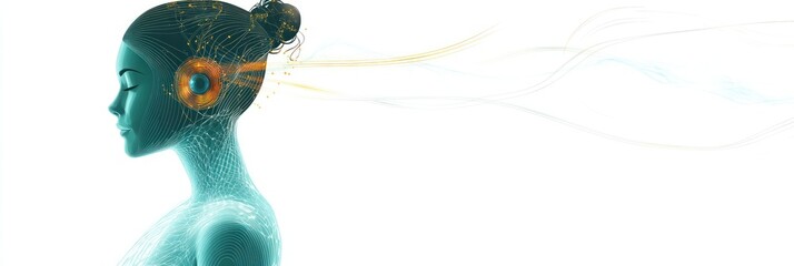 Aufkleber - A digital silhouette of a woman with abstract elements representing technology and thought.
