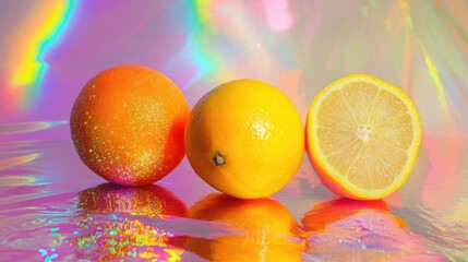 Aufkleber - Colorful disco-themed composition of vibrant lemon and orange fruits with a glossy reflective surface and iridescent background.