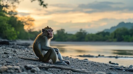 Wall Mural - macaque monkey relaxing by the riverside during sunset in a serene natural environment