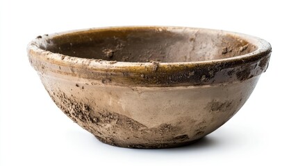 Aufkleber - Worn and stained clay bowl showcasing dirt and grime on a clean white background for rustic or vintage themed design projects
