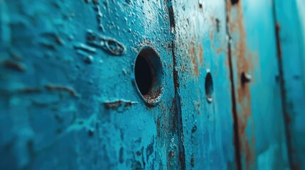 Aufkleber - Rustic blue metal wall with texture and holes close up showcasing unique weathering patterns and striking visual appeal for creative backgrounds